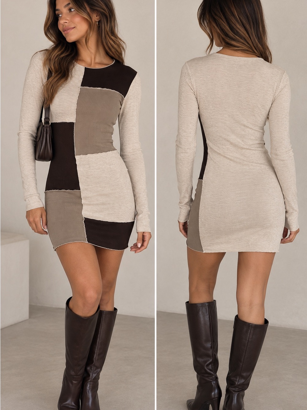 Windsor Beige, Taupe & Chocolate Patchwork Long-Sleeve Mini Dress